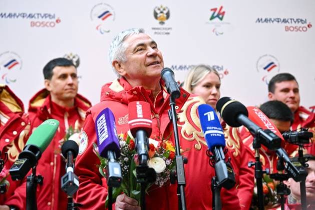Russia Paralympics 2026 Athletes Honouring 9125549 17.03.2026 President of the Russian Paralympic Committee Pavel Rozhkov talks to the media during a ceremony honouring Russian athletes who took part in the Milano Cortina 2026 Winter Paralympic Games in Moscow, Russia. Sergey Bobylev Sputnik Moscow Russia  Copyright: xSergeyxBobylevx