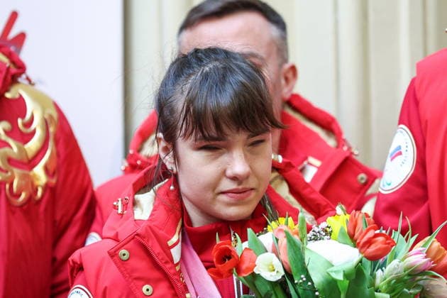 RUSSIA, MOSCOW - MARCH 17, 2026: Para cross-country skier Anastasia Bagiian a press conference, PK, Pressekonferenz on the Russian team s performance at the 2026 Winter Paralympic Games, at the GUM department store. The Russian team scored third in the overall medal standings, bringing home the total of 12 medals (8 gold, 1 silver and 3 bronze). Sergei Bulkin TASS  90168427