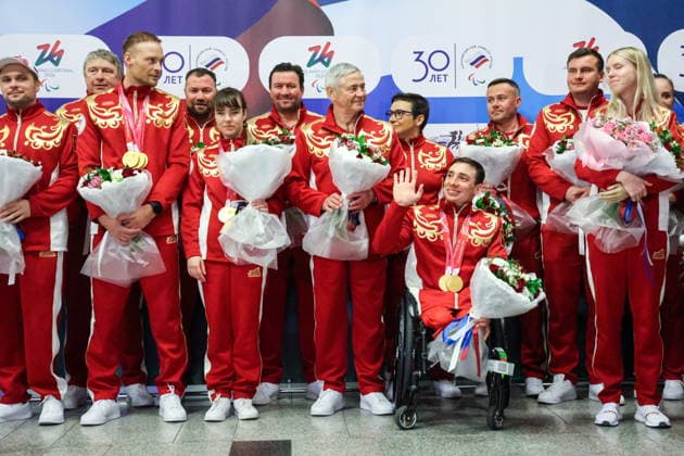 March 17, 2026, Moscow, Russia: A welcoming ceremony for Russian athletes returning home after the 2026 Winter Paralympic Games, at Moscow s Vnukovo International Airport. The Russian team scored third in the overall medal standings, bringing home a total of 12 medals (8 gold, 1 silver and 3 bronze) Russian Athletes Welcomed After 2026 Winter Paralympics  - ZUMAt113 20260317_zaa_t113_005 Copyright: xYevgenyxMessmanx