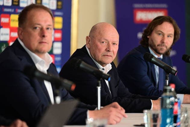 From left president of the Football Association of the Czech Republic (FACR) David Trunda, Czech head coach Miroslav Koubek and general manager of Czech Team Pavel Nedved speak during the press conference, PK, Pressekonferenz to announce Czech national football team s roster for World Cup qualifying playoff matches in Prague, Czech Republic, March 17, 2026. (CTKxPhoto MichalxKamaryt) CTKPhotoP2026031705158  CTKPhotoP2026031705158