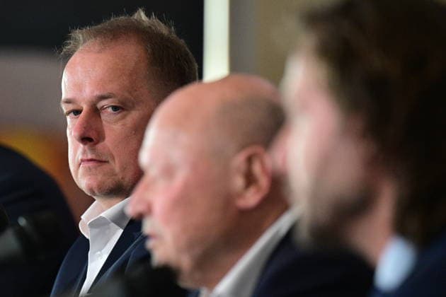 From left president of the Football Association of the Czech Republic (FACR) David Trunda, Czech head coach Miroslav Koubek and general manager of Czech Team Pavel Nedved speak during the press conference, PK, Pressekonferenz to announce Czech national football team s roster for World Cup qualifying playoff matches in Prague, Czech Republic, March 17, 2026. (CTKxPhoto MichalxKamaryt) CTKPhotoP2026031705195  CTKPhotoP2026031705195