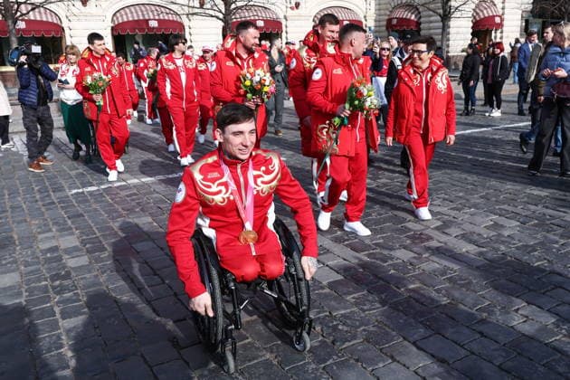 RUSSIA, MOSCOW - MARCH 17, 2026: Russian Paralympic athletes are seen after a press conference, PK, Pressekonferenz on the Russian team s performance at the 2026 Winter Paralympic Games, at the GUM department store. The Russian team scored third in the overall medal standings, bringing home the total of 12 medals (8 gold, 1 silver and 3 bronze). Sergei Bulkin TASS  90167775