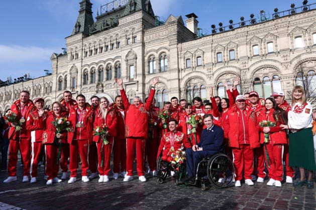RUSSIA, MOSCOW - MARCH 17, 2026: Russian Paralympic athletes are seen after a press conference, PK, Pressekonferenz on the Russian team s performance at the 2026 Winter Paralympic Games, at the GUM department store. The Russian team scored third in the overall medal standings, bringing home the total of 12 medals (8 gold, 1 silver and 3 bronze). Sergei Bulkin TASS  90167778
