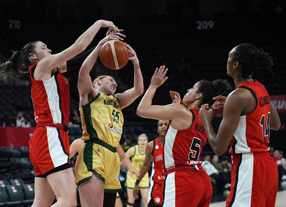 Australia v Canada - FIBA Women’s World Cup Qualifiers ISTANBUL, TURKIYE - MARCH 17: Australia’s Chloe Bibby (55) and Canada’s Bridget Carleton (L) in action during the FIBA Women’s World Cup Qualifiers Group C match between Australia and Canada at the Turkcell Basketball Development Center in Istanbul, Turkiye, on March 17, 2026. Esra Bilgin Anadolu Istanbul Turkey. Editorial use only. Please get in touch for any other usage.  Copyright: x2026xAnadoluxEsraxBilginx