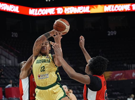 Australia v Canada - FIBA Women’s World Cup Qualifiers ISTANBUL, TURKIYE - MARCH 17: Australia’s Zitina Aokuso (22) and Canada’s Yvonne Ejim (9) in action during the FIBA Women’s World Cup Qualifiers Group C match between Australia and Canada at the Turkcell Basketball Development Center in Istanbul, Turkiye, on March 17, 2026. Esra Bilgin Anadolu Istanbul Turkey. Editorial use only. Please get in touch for any other usage.  Copyright: x2026xAnadoluxEsraxBilginx