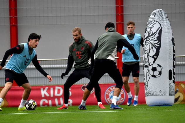 17.03.2026, FC Bayern Training Center, München, Training FC Bayern München , im Bild Abschlusstraining des FC Bayern München vor dem Championsleague Rückspiel gegen Atalanta Bergamo, Konrad Laimer (München), Aleksandar Pavlovic (München), Joshua Kimmich (München) (Photo by Midori Ikenouchi Hasan Bratic DeFodi Images) -
