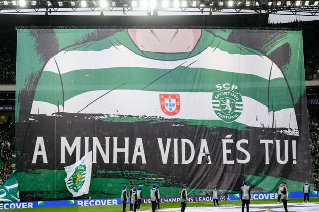 260317 Fans of Sporting with a tifo ahead of the UEFA Champions League football match between Sporting CP and Bodo Glimt on March 17, 2026 in Lisbon. Photo: Marius Simensen BILDBYRAN COP 238 MM0063 bbeng football fotball fotboll soccer uefa champions league mesterligaen bodo glimt sporting clube de portugal sporting lisboa sporting lisbon sporting cp publik Copyright: MARIUSxSIMENSEN BB260317BB627