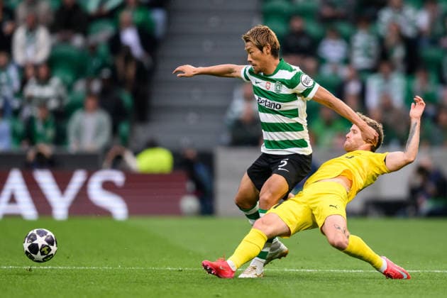 260317 Hidemasa Morita of Sporting and Ole Didrik Blomberg of Bodo Glimt during the UEFA Champions League football match between Sporting CP and Bodo Glimt on March 17, 2026 in Lisbon. Photo: Marius Simensen BILDBYRAN COP 238 MM0063 bbeng football fotball fotboll soccer uefa champions league mesterligaen bodo glimt sporting clube de portugal sporting lisboa sporting lisbon sporting cp Copyright: MARIUSxSIMENSEN BB260317BB644