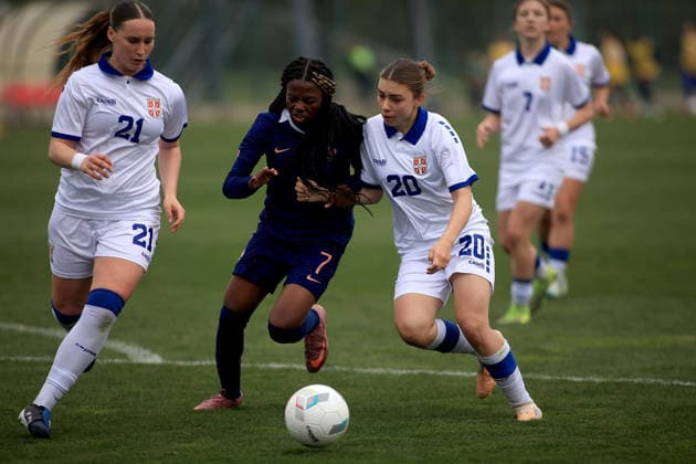 17.03.2026 Stara Pazova Serbia-France European U17, U 17 U-17 Under-17 qualifiers women s football Magdalena Petrovic(L),Sofija Nicic(R) Serbia, Gloria Bekoundou (C) France :