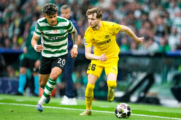 Football, Champions League 2025 2026 Sporting Lisbon Bodo Glimt Lisbon, Portugal 20260317 Glimt s Hakon Evjen and Sporting Lisboa s Maxi Araujo during the football match in the Champions League between Sporting Lisboa and Bodo Glimt at Estadio JosÃ Alvalade Photo Fredrik Varfjell NTB Lisboa Portugal EDITORIAL USE ONLY RESTRICTED USE FOR BETTING COMPANIES  Copyright: xFredrikxVarfjellx xNTBx