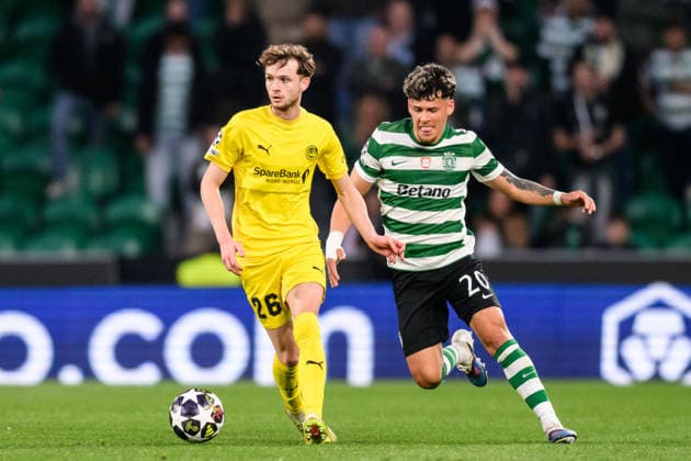 260317 Hakon Evjen of Bodo Glimt and Maximiliano Araujo of Sporting during the UEFA Champions League football match between Sporting CP and Bodo Glimt on March 17, 2026 in Lisbon. Photo: Marius Simensen BILDBYRAN COP 238 MM0063 bbeng football fotball fotboll soccer uefa champions league mesterligaen bodo glimt sporting clube de portugal sporting lisboa sporting lisbon sporting cp Copyright: MARIUSxSIMENSEN BB260317BB671