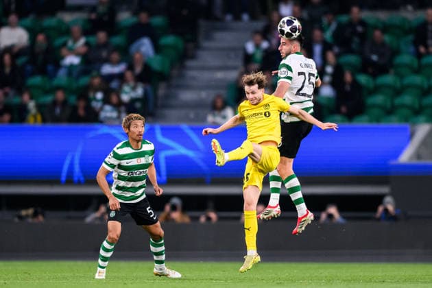 260317 Hakon Evjen of Bodo Glimt and Goncalo Inacio of Sporting during the UEFA Champions League football match between Sporting CP and Bodo Glimt on March 17, 2026 in Lisbon. Photo: Marius Simensen BILDBYRAN COP 238 MM0063 bbeng football fotball fotboll soccer uefa champions league mesterligaen bodo glimt sporting clube de portugal sporting lisboa sporting lisbon sporting cp Copyright: MARIUSxSIMENSEN BB260317BB683