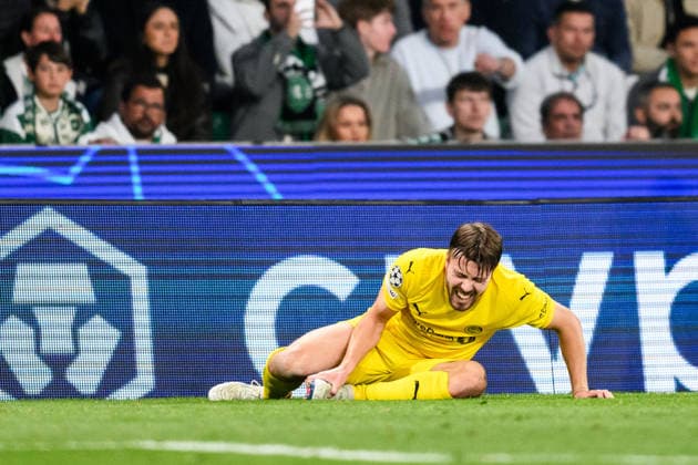 260317 Fredrik AndrÃ Bjorkan of Bodo Glimt in pain during the UEFA Champions League football match between Sporting CP and Bodo Glimt on March 17, 2026 in Lisbon. Photo: Marius Simensen BILDBYRAN COP 238 MM0063 bbeng football fotball fotboll soccer uefa champions league mesterligaen bodo glimt sporting clube de portugal sporting lisboa sporting lisbon sporting cp skada Copyright: MARIUSxSIMENSEN BB260317BB723