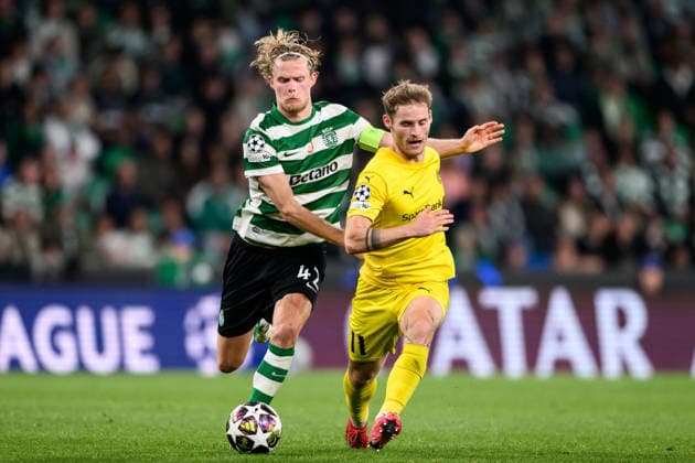 260317 Morten Hjulmand of Sporting and Ole Didrik Blomberg of Bodo Glimt during the UEFA Champions League football match between Sporting CP and Bodo Glimt on March 17, 2026 in Lisbon. Photo: Marius Simensen BILDBYRAN COP 238 MM0063 bbeng football fotball fotboll soccer uefa champions league mesterligaen bodo glimt sporting clube de portugal sporting lisboa sporting lisbon sporting cp Copyright: MARIUSxSIMENSEN BB260317BB765