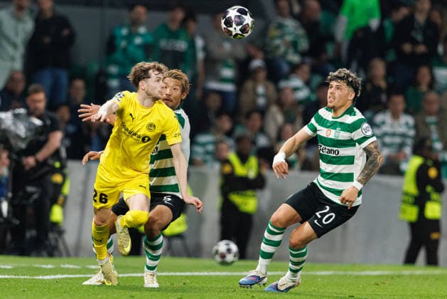 Hakon Evjen, Hidemasa Morita and Maxi Araujo seen during UEFA Champions League Round of 16 game between teams of Sporting CP and FK Bodo Glimt at Estadio Jose Alvalade (Maciej Rogowski Ball Raw Images) Lisbon Estadio Jose Alvalade Portugal Copyright: xMaciejxRogowskix maciejrogowski_sporting_bodo_2526_ROG7924