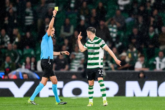 260317 Sandro Schärer, referee shows a yellow card for Ivan Fresneda Corraliza of Sporting during the UEFA Champions League football match between Sporting CP and Bodo Glimt on March 17, 2026 in Lisbon. Photo: Marius Simensen BILDBYRAN COP 238 MM0063 bbeng football fotball fotboll soccer uefa champions league mesterligaen bodo glimt sporting clube de portugal sporting lisboa sporting lisbon sporting cp Copyright: MARIUSxSIMENSEN BB260317BB803