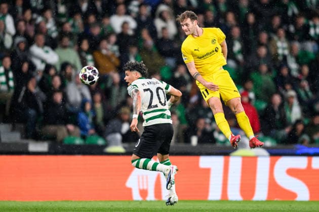 260317 Maximiliano Araujo of Sporting and Ole Didrik Blomberg of Bodo Glimt during the UEFA Champions League football match between Sporting CP and Bodo Glimt on March 17, 2026 in Lisbon. Photo: Marius Simensen BILDBYRAN COP 238 MM0063 bbeng football fotball fotboll soccer uefa champions league mesterligaen bodo glimt sporting clube de portugal sporting lisboa sporting lisbon sporting cp Copyright: MARIUSxSIMENSEN BB260317BB810