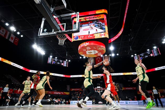 Australia vs Canada Women s Basketball World Cup 2026 Qualifying Tournaments Cayla George of Australian national team, Nationalteam blocks the ball during the Women s Basketball World Cup 2026 Qualifying Tournaments Group Phase - Group A between Australia National Team and Canada National Team at Turkcell Basketball Development Center on March 17, 2026 in Istanbul, Turkey. Istanbul Istanbul Turkey Copyright: xBurakxBasturkx