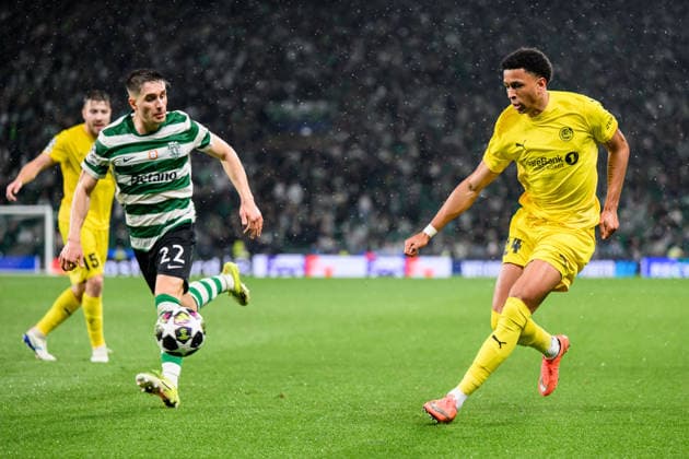 260317 Ivan Fresneda Corraliza of Sporting and Daniel Bassi of Bodo Glimt during the UEFA Champions League football match between Sporting CP and Bodo Glimt on March 17, 2026 in Lisbon. Photo: Marius Simensen BILDBYRAN COP 238 MM0063 bbeng football fotball fotboll soccer uefa champions league mesterligaen bodo glimt sporting clube de portugal sporting lisboa sporting lisbon sporting cp Copyright: MARIUSxSIMENSEN BB260317BB877