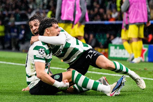 260317 Maximiliano Araujo and Daniel Braganca of Sporting celebrate after the 4-0 goal during the UEFA Champions League football match between Sporting CP and Bodo Glimt on March 17, 2026 in Lisbon. Photo: Marius Simensen BILDBYRAN COP 238 MM0063 bbeng football fotball fotboll soccer uefa champions league mesterligaen bodo glimt sporting clube de portugal sporting lisboa sporting lisbon sporting cp jubel Copyright: MARIUSxSIMENSEN BB260317BB883