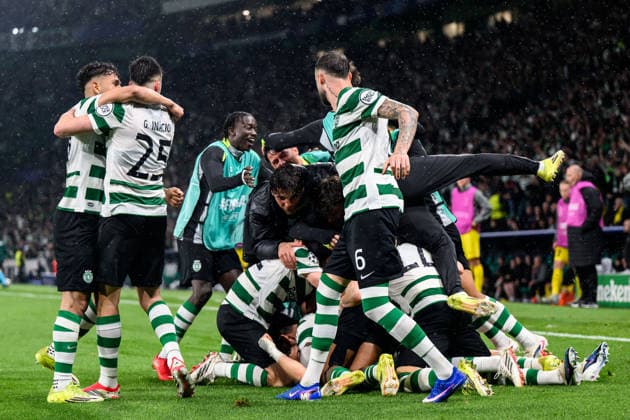 260317 Maximiliano Araujo of Sporting celebrate with team mates after the 4-0 goal during the UEFA Champions League football match between Sporting CP and Bodo Glimt on March 17, 2026 in Lisbon. Photo: Marius Simensen BILDBYRAN COP 238 MM0063 bbeng football fotball fotboll soccer uefa champions league mesterligaen bodo glimt sporting clube de portugal sporting lisboa sporting lisbon sporting cp jubel Copyright: MARIUSxSIMENSEN BB260317BB892