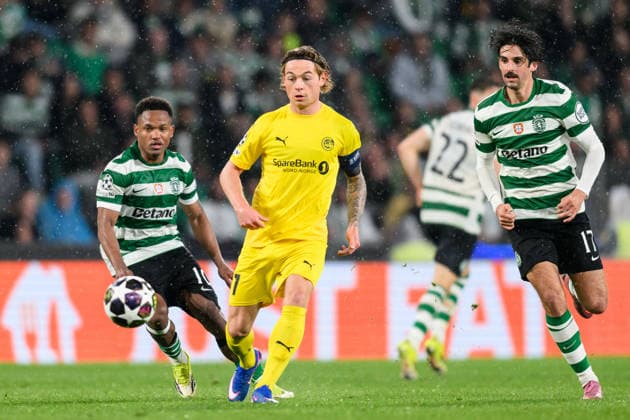 260317 Geny Catamo of Sporting and Patrick Berg of Bodo Glimt during the UEFA Champions League football match between Sporting CP and Bodo Glimt on March 17, 2026 in Lisbon. Photo: Marius Simensen BILDBYRAN COP 238 MM0063 bbeng football fotball fotboll soccer uefa champions league mesterligaen bodo glimt sporting clube de portugal sporting lisboa sporting lisbon sporting cp Copyright: MARIUSxSIMENSEN BB260317BB901