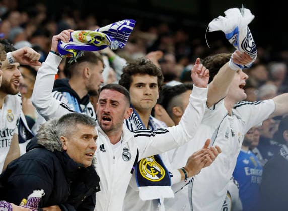 Manchester, England, 17th March 2026. Ream Madrid fans during the Manchester City vs Real Madrid UEFA Champions League round of 16 match at the Etihad Stadium, Manchester. Picture credit should read: Cody Froggatt Sportimage EDITORIAL USE ONLY. No use with unauthorised audio, video, data, fixture lists, club league logos or live services. Online in-match use limited to 120 images, no video emulation. No use in betting, games or single club league player publications. SPI_013_CF_ManCity_Madrid SPI-4612-0029