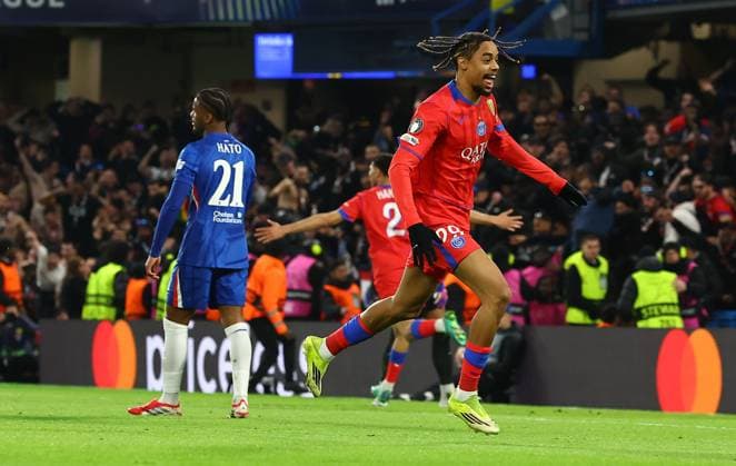 Bradley Barcola of Paris Saint-Germain celebrates scoring his sides second goal Chelsea v Paris Saint-Germain, UEFA Champions League, Round of 16, Second Leg, Football, Stamford Bridge, London, UK - 17 Mar 2026London Stamford Bridge United Kingdom EDITORIAL USE ONLY No use with unauthorised audio, video, data, fixture lists, club league logos or live services. Online in-match use limited to 120 images, no video emulation. No use in betting, games or single club league player publications.  Copyright: xShutterstockx 16776722p