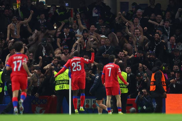 London, England, 17th March 2026. Khvicha Kvaratskhelia of Paris Saint-Germain celebrates after scoring the opening goal during the Chelsea vs Paris Saint Germain UEFA Champions League round of 16 match at Stamford Bridge, London. Picture credit should read: Paul Terry Sportimage EDITORIAL USE ONLY. No use with unauthorised audio, video, data, fixture lists, club league logos or live services. Online in-match use limited to 120 images, no video emulation. No use in betting, games or single club league player publications. SPI_030_PT_Chelsea_PSG SPI-4610-0029