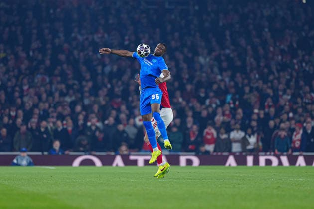 Christian Kofane (Bayer 04 Leverkusen, 35), William Saliba (FC Arsenal, 02) ENG, FC Arsenal vs. Bayer 04 Leverkusen, Fussball, UEFA Champions League, Achtelfinale, Spielzeit 2025 2026, 17.03.2026 ENG, FC Arsenal vs. Bayer 04 Leverkusen, Fussball, UEFA Champions League, Achtelfinale, Spielzeit 2025 2026, 17.03.2026 London Copyright: xEibner-Pressefoto MarcelxvonxFehrnx EP_MFN