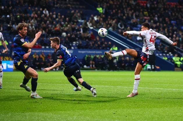 Mason Burstow of Bolton Wanderers shoots Bolton Wanderers v Doncaster Rovers, Sky Bet League One, Football, Toughsheet Community Stadium, Bolton, UK - 17 Mar 2026Bolton Toughsheet Community Stadium United Kingdom EDITORIAL USE ONLY No use with unauthorised audio, video, data, fixture lists, club league logos or live services. Online in-match use limited to 120 images, no video emulation. No use in betting, games or single club league player publications. Copyright: xPaulxCurrie Shutterstockx 16776367ae