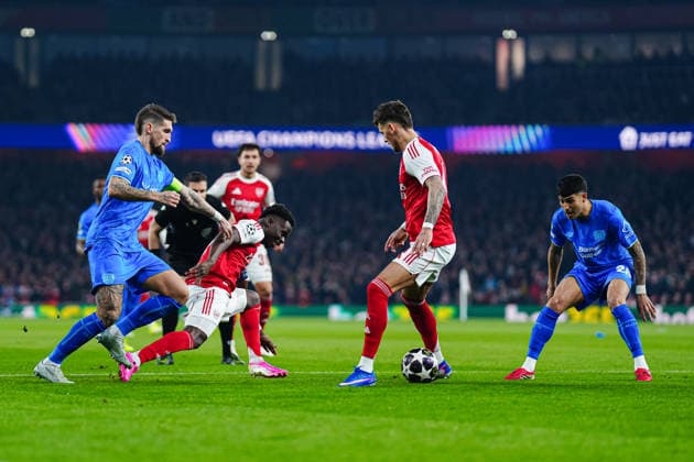 Robert Andrich (Bayer 04 Leverkusen, 08), Bukayo Saka (FC Arsenal, 07), Ben White (FC Arsenal, 04) ENG, FC Arsenal vs. Bayer 04 Leverkusen, Fussball, UEFA Champions League, Achtelfinale, Spielzeit 2025 2026, 17.03.2026 ENG, FC Arsenal vs. Bayer 04 Leverkusen, Fussball, UEFA Champions League, Achtelfinale, Spielzeit 2025 2026, 17.03.2026 London Copyright: xEibner-Pressefoto MarcelxvonxFehrnx EP_MFN