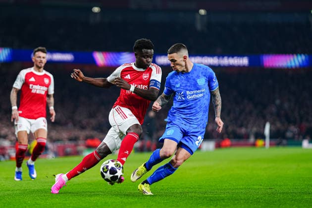 Bukayo Saka (FC Arsenal, 07), Alejandro Grimaldo (Bayer 04 Leverkusen, 20) ENG, FC Arsenal vs. Bayer 04 Leverkusen, Fussball, UEFA Champions League, Achtelfinale, Spielzeit 2025 2026, 17.03.2026 ENG, FC Arsenal vs. Bayer 04 Leverkusen, Fussball, UEFA Champions League, Achtelfinale, Spielzeit 2025 2026, 17.03.2026 London Copyright: xEibner-Pressefoto MarcelxvonxFehrnx EP_MFN