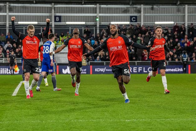 GOAL - Kasey Palmer (54) of Luton Town (2nd right) celebrates after he scores the opening goal during the Sky Bet League 1 match between Luton Town and Exeter City at Kenilworth Road, Luton, England on 17 March 2026.  Copyright: xDavidxHornx PMI-7189-0002