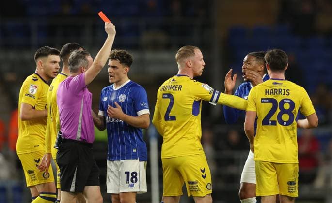 Gabriel Osho of Cardiff City is sent off Cardiff City v Wycombe Wanderers, Sky Bet League One, Football, Cardiff City Stadium, Cardiff, Wales, UK - 17 Mar 2026Cardiff Cardiff City Stadium United Kingdom EDITORIAL USE ONLY No use with unauthorised audio, video, data, fixture lists, club league logos or live services. Online in-match use limited to 120 images, no video emulation. No use in betting, games or single club league player publications. Copyright: xKieranxMcManus Shutterstockx 16776352t
