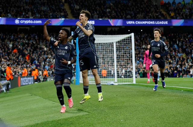 Manchester, England, 17th March 2026. Vinicius Junior of Real Madrid celebrates scoring the first goal from the penalty spot during the Manchester City vs Real Madrid UEFA Champions League round of 16 match at the Etihad Stadium, Manchester. Picture credit should read: Cody Froggatt Sportimage EDITORIAL USE ONLY. No use with unauthorised audio, video, data, fixture lists, club league logos or live services. Online in-match use limited to 120 images, no video emulation. No use in betting, games or single club league player publications. SPI_027_CF_ManCity_Madrid SPI-4612-0052