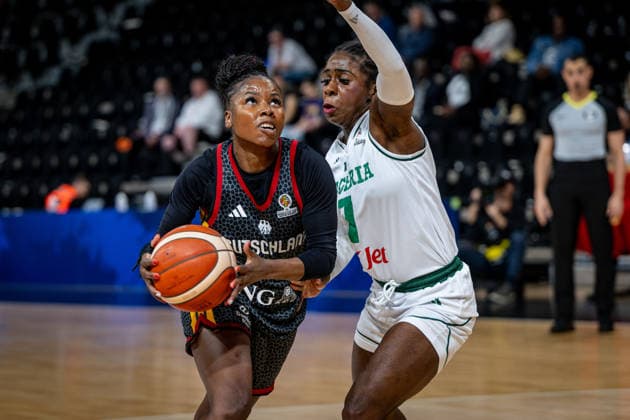 Basketball Villeurbanne 17.03.2026 Wommen™s Basketball World Cup 2026 Qualifying Tournament Nigeria (NIG) - Deutschland (GER) Alexis Peterson (Deutschland, No.01) Sarah Ogoke (Nigeria, No.07)