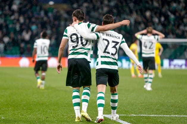 Rafael Nel of Sporting CP celebrates with Daniel Braganca after scoring the team s fifth goal during the UEFA Champions League, Last 16, second-leg football match between Sporting Clube de Portugal vs Bodo Glimt at Estadio Jose Alvalade on March 17, 2026 in Lisbon, Portugal. UEFA Champions League - Sporting CP vs Bodo Glimt (Valter Gouveia SPP) Copyright: xValterxGouveia SPPx spp-en-VaGo-_GO_8338