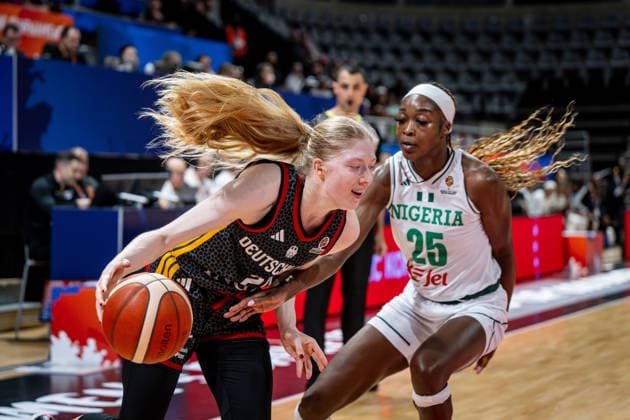 Basketball Villeurbanne 17.03.2026 Wommen™s Basketball World Cup 2026 Qualifying Tournament Nigeria (NIG) - Deutschland (GER) Frida Bühner (Deutschland, No.20) Victoria Macaulay (Nigeria, No.25)