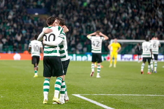 Rafael Nel of Sporting CP celebrates with Daniel Braganca after scoring the team s fifth goal during the UEFA Champions League, Last 16, second-leg football match between Sporting Clube de Portugal vs Bodo Glimt at Estadio Jose Alvalade on March 17, 2026 in Lisbon, Portugal. UEFA Champions League - Sporting CP vs Bodo Glimt (Valter Gouveia SPP) Copyright: xValterxGouveia SPPx spp-en-VaGo-_GO_8333