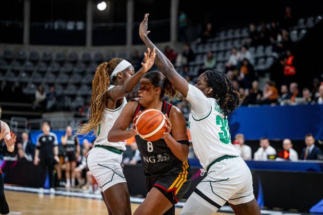 Basketball Villeurbanne 17.03.2026 Wommen™s Basketball World Cup 2026 Qualifying Tournament Nigeria (NIG) - Deutschland (GER) Nyara Sabally (Deutschland, No.08) Nicole Enabosi (Nigeria, No.33) Victoria Macaulay (Nigeria, No.25)