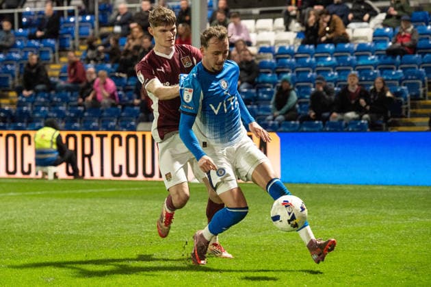 Stockport County v Northampton Town Sky Bet League 1 Jack Diamond of Stockport County holds the ball up from a Northampton Town player during the Sky Bet League 1 match between Stockport County and Northampton Town at Edgeley Park, Stockport. 17 03 2026 UK Newspapers OUT Copyright: xMattxWilkinsonx FIL-23144-0026