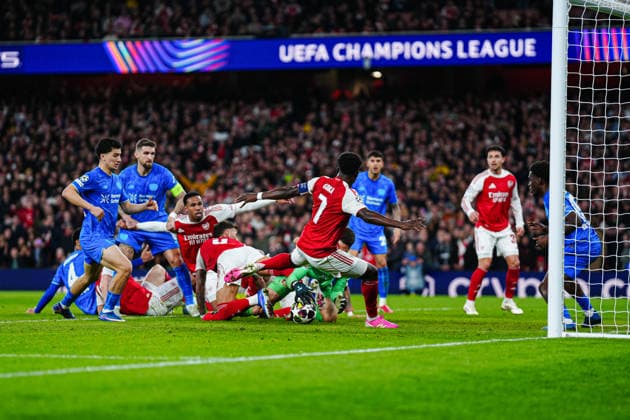 Torschuss Torchance Bukayo Saka (FC Arsenal, 07) ENG, FC Arsenal vs. Bayer 04 Leverkusen, Fussball, UEFA Champions League, Achtelfinale, Spielzeit 2025 2026, 17.03.2026 ENG, FC Arsenal vs. Bayer 04 Leverkusen, Fussball, UEFA Champions League, Achtelfinale, Spielzeit 2025 2026, 17.03.2026 London Copyright: xEibner-Pressefoto MarcelxvonxFehrnx EP_MFN