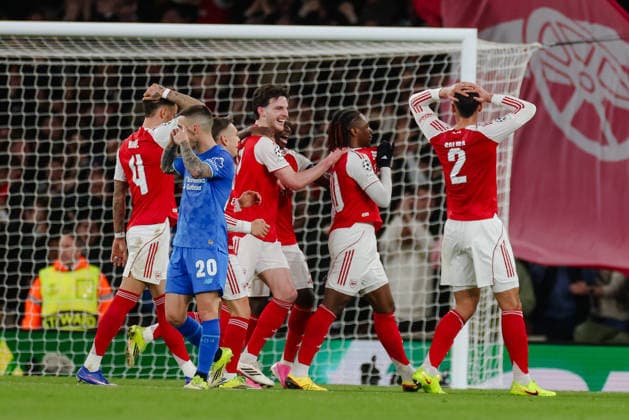 Champions League 2025 26 Last 16 Arsenal v Bayer Leverkusen Emirates Stadium 17.03.2026 Eberechi Eze of Arsenal scores and celebrates 1-0 Champions League 2025 26 Last 16 Arsenal v Bayer Leverkusen Emirates Stadium 17.03.2026 Photograph By Marc Aspland The Times  Copyright: xMarcxAsplandx NINTCHDBPICT001067505638