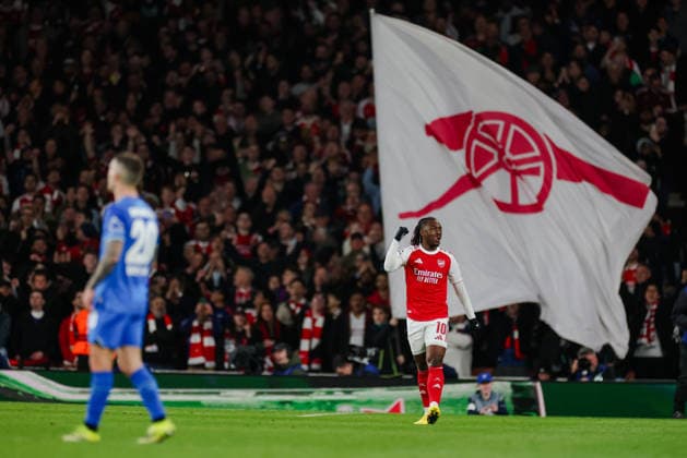 Champions League 2025 26 Last 16 Arsenal v Bayer Leverkusen Emirates Stadium 17.03.2026 Eberechi Eze of Arsenal scores and celebrates 1-0 Champions League 2025 26 Last 16 Arsenal v Bayer Leverkusen Emirates Stadium 17.03.2026 Photograph By Marc Aspland The Times  Copyright: xMarcxAsplandx NINTCHDBPICT001067505888