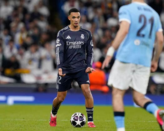 Manchester, England, 17th March 2026. Trent Alexander Arnold of Real Madrid in action during the Manchester City vs Real Madrid UEFA Champions League round of 16 match at the Etihad Stadium, Manchester. Picture credit should read: Andrew Yates Sportimage EDITORIAL USE ONLY. No use with unauthorised audio, video, data, fixture lists, club league logos or live services. Online in-match use limited to 120 images, no video emulation. No use in betting, games or single club league player publications. SPI_046_AY_ManCity_Madrid SPI-4612-0088