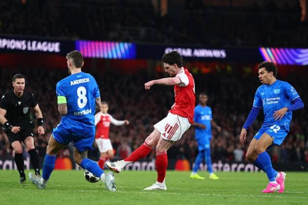 Declan Rice of Arsenal scoring a goal (2-0) Arsenal v Bayer 04 Leverkusen, UEFA Champions League, Round of 16, Second Leg, Football, Emirates Stadium, London, UK - 17 Mar 2026London Emirates Stadium United Kingdom EDITORIAL USE ONLY No use with unauthorised audio, video, data, fixture lists, club league logos or live services. Online in-match use limited to 120 images, no video emulation. No use in betting, games or single club league player publications. Copyright: xSimonxDael Shutterstockx 16776376bf