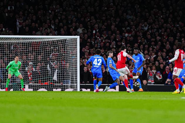 Tor zum 2:0 Declan Rice (FC Arsenal, 41) ENG, FC Arsenal vs. Bayer 04 Leverkusen, Fussball, UEFA Champions League, Achtelfinale, Spielzeit 2025 2026, 17.03.2026 ENG, FC Arsenal vs. Bayer 04 Leverkusen, Fussball, UEFA Champions League, Achtelfinale, Spielzeit 2025 2026, 17.03.2026 London Copyright: xEibner-Pressefoto MarcelxvonxFehrnx EP_MFN