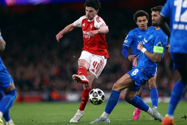 Arsenal v Bayer Leverkusen 17 March 2026, London - UEFA Champions League - Round Of 16 - Second Leg - Arsenal v Bayer Leverkusen - Declan Rice of Arsenal scores the second goal for his team - Photo: Jacques Feeney Offside. London UK Copyright: xJacquesxFeeneyx xOffsidexOffside