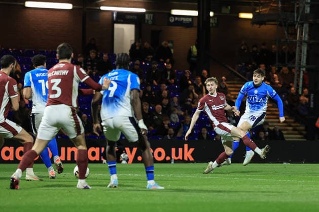 Stockport County FC v Northampton Town - Sky Bet League One Josh Stokes of Stockport scores to make it 1-0 during the Sky Bet League 1 match between Stockport County and Northampton Town at Edgeley Park Stadium in Stockport, United Kingdom, on March 17, 2026. Stockport Greater Manchester United, ManU Kingdom  Copyright: xMIxNewsx originalFilename:fletcher-stockpor260317_npt1w.jpg